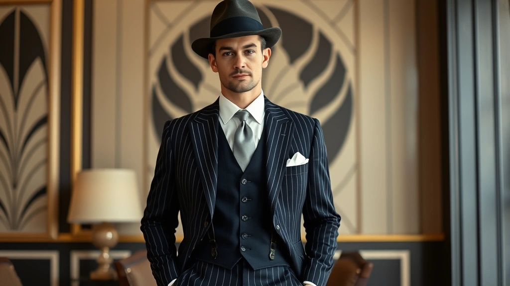 Sophisticated man wearing tailored 1920s navy pinstriped suit with white dress shirt, silk tie, pocket square, suspenders visible, and classic fedora hat, standing confidently in art deco interior setting with geometric wall patterns