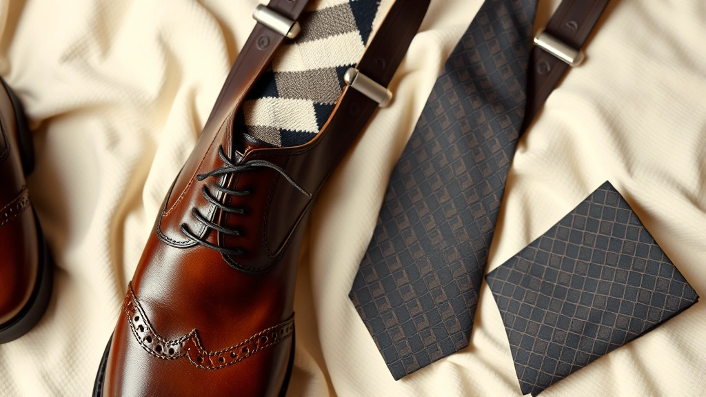 Close-up detail shot of 1920s menswear accessories including brown leather oxford shoes, argyle socks, decorative suspenders with silk webbing, geometric patterned silk tie, and matching pocket square on cream-colored fabric background
