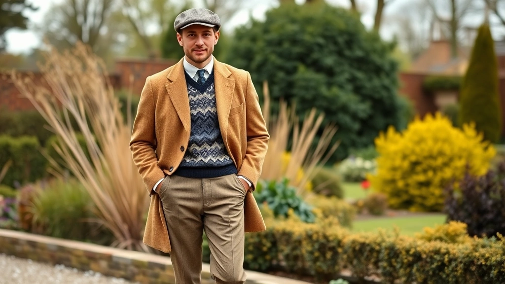 Man dressed in vintage 1920s casual sportswear wearing tan tweed sports coat, contrasting trousers, Fair Isle pattern sweater, flat cap, and brown leather brogues, posed outdoors in garden setting with period-appropriate aesthetic