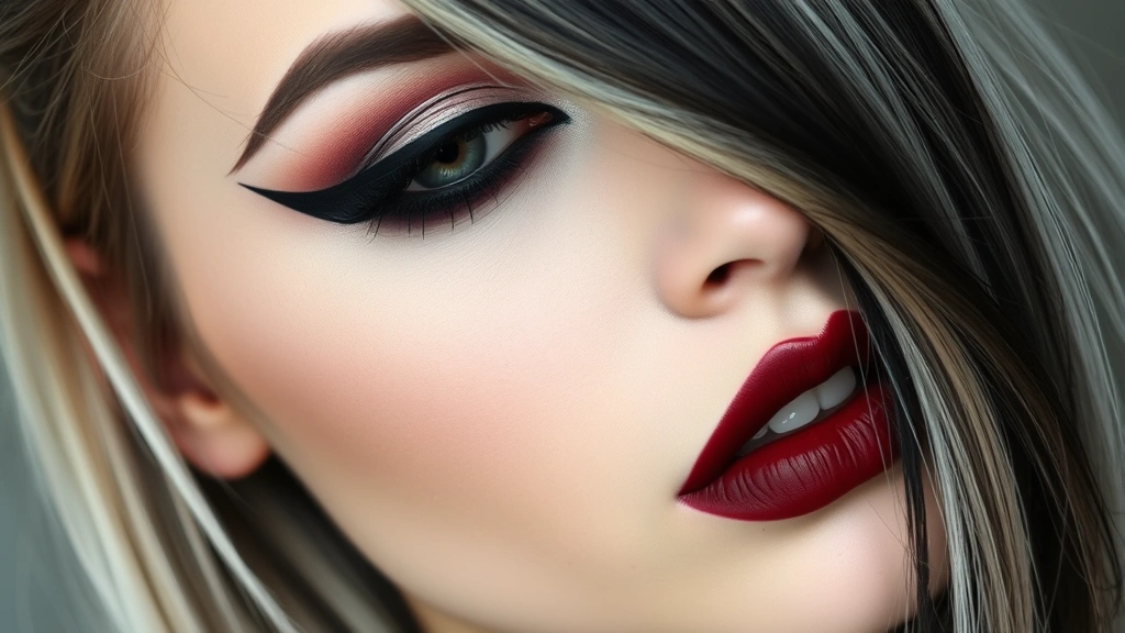 Close-up of dramatic emo makeup: heavy black eyeliner extending past eye shape, pale complexion foundation, dark burgundy lipstick, with side-swept black and platinum blonde hair partially covering face
