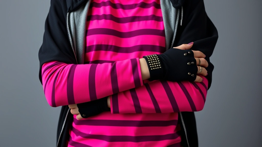 Full-length shot of person in neon pink striped long-sleeve shirt under black oversized band tee, black hoodies layered, arm warmers, fingerless studded gloves, multiple bracelets, showing emo silhouette proportions