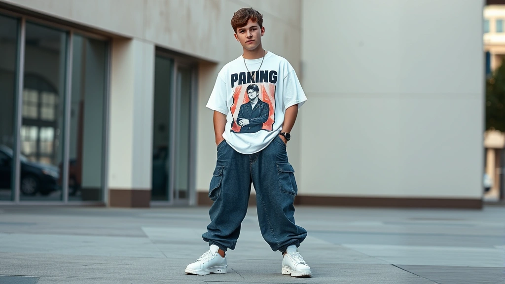 A young man wearing vintage 2000s fashion including oversized baggy jeans, a large graphic band t-shirt, and chunky white sneakers with a chain necklace, standing in an urban streetwear setting with confident posture