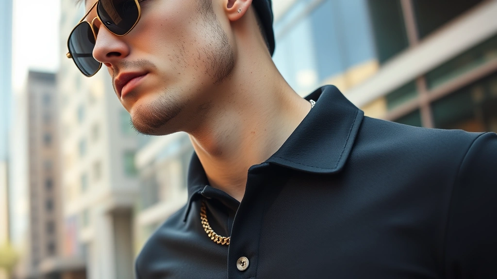 Close-up lifestyle shot of a man styled in 2000s-inspired pieces: fitted polo shirt with popped collar, visible chain necklace, and designer sunglasses, photographed in natural daylight in a modern urban environment