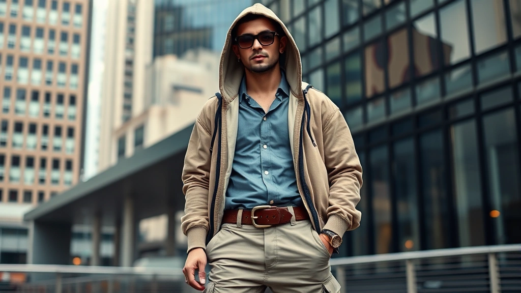 Fashion-forward man wearing layered 2000s aesthetic with an oversized hoodie over a fitted button-up shirt, cargo pants, and statement accessories including a large belt buckle, positioned in a contemporary city backdrop