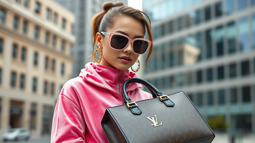 Young woman wearing pink velour tracksuit with large designer sunglasses and chunky gold jewelry, holding oversized monogrammed handbag, standing against urban backdrop, photorealistic professional fashion photography