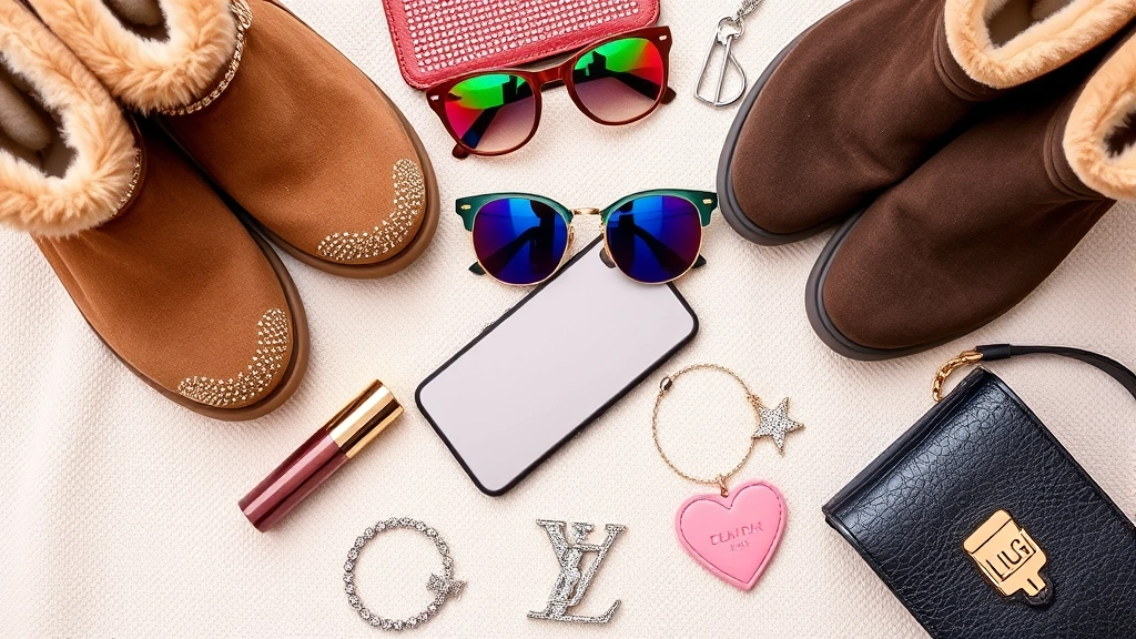 Flat lay arrangement of 2000s fashion accessories including Ugg boots, colorful sunglasses, rhinestone-studded phone, metallic lip gloss, charm bracelet, and designer logo items on neutral background