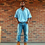 Photorealistic image of a man wearing early 2000s style: oversized vintage designer polo shirt in light blue, baggy distressed jeans with visible stitching, chunky gold chain necklace, Timberland boots, standing against urban brick wall backdrop with natural lighting