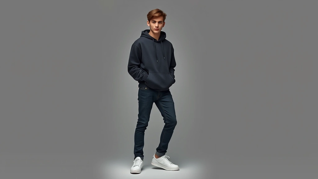 Photorealistic photograph of a young man modeling mid-2000s streetwear: fitted black hoodie, slim-fit dark denim jeans, classic white Air Force 1 sneakers, minimal accessories, clean neutral background showcasing contemporary street style aesthetic