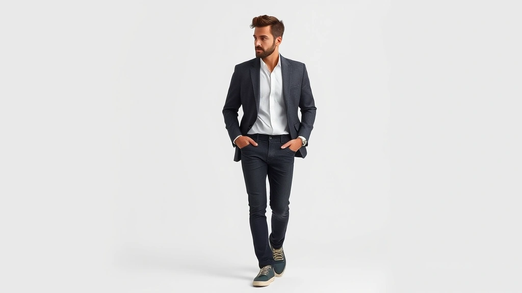 Photorealistic image of a man wearing late 2000s refined style: well-tailored slim-fit blazer in charcoal gray, crisp white dress shirt, fitted dark jeans, premium leather sneakers, minimal jewelry, professional studio lighting emphasizing sophisticated menswear evolution