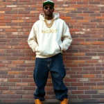 Male model wearing oversized cream Ecko hoodie, baggy dark denim jeans with visible stitching, Timberland wheat boots, multiple gold chain necklaces, fitted cap, sunglasses, confident stance against urban brick wall background, streetwear aesthetic, daytime lighting, photorealistic