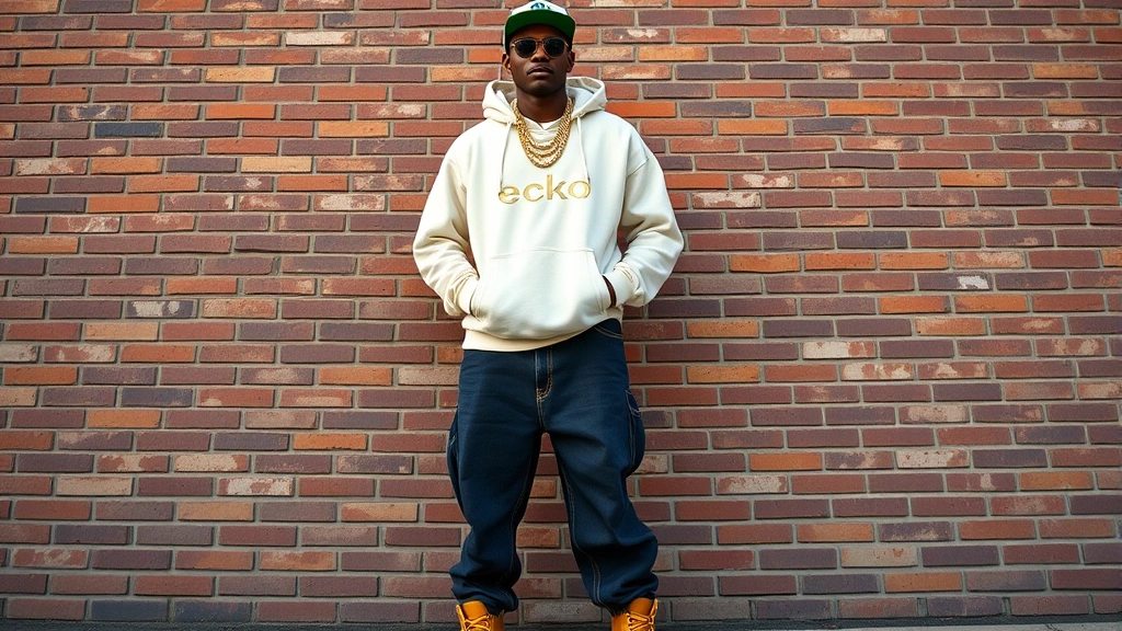 Male model wearing oversized cream Ecko hoodie, baggy dark denim jeans with visible stitching, Timberland wheat boots, multiple gold chain necklaces, fitted cap, sunglasses, confident stance against urban brick wall background, streetwear aesthetic, daytime lighting, photorealistic