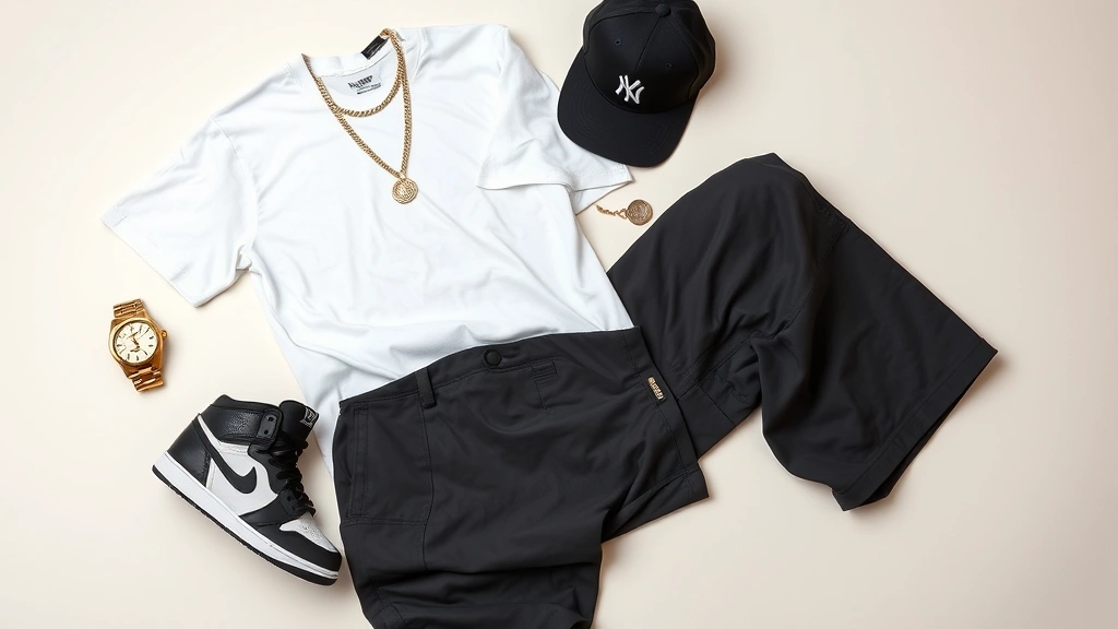 Flat lay of 2000s hip hop fashion essentials: Sean John oversized t-shirt, Rocawear cargo pants, Air Jordan sneakers, chunky gold watch, chain necklace, fitted snapback cap, all arranged on light neutral background, editorial style product photography, sharp focus, bright professional lighting