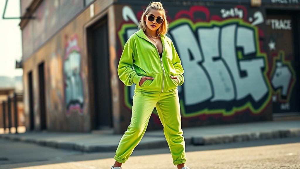 Female model wearing neon green velour tracksuit, oversized fit, white leather sneakers, oversized sunglasses, chunky gold jewelry, standing in urban street setting with graffiti wall behind, confident pose, daytime natural lighting, contemporary photorealistic style