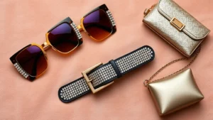 Flat lay of authentic 2003 fashion accessories including oversized square sunglasses with colored lenses, rhinestone-studded belt, and small metallic handbag on soft velour background, photorealistic styling