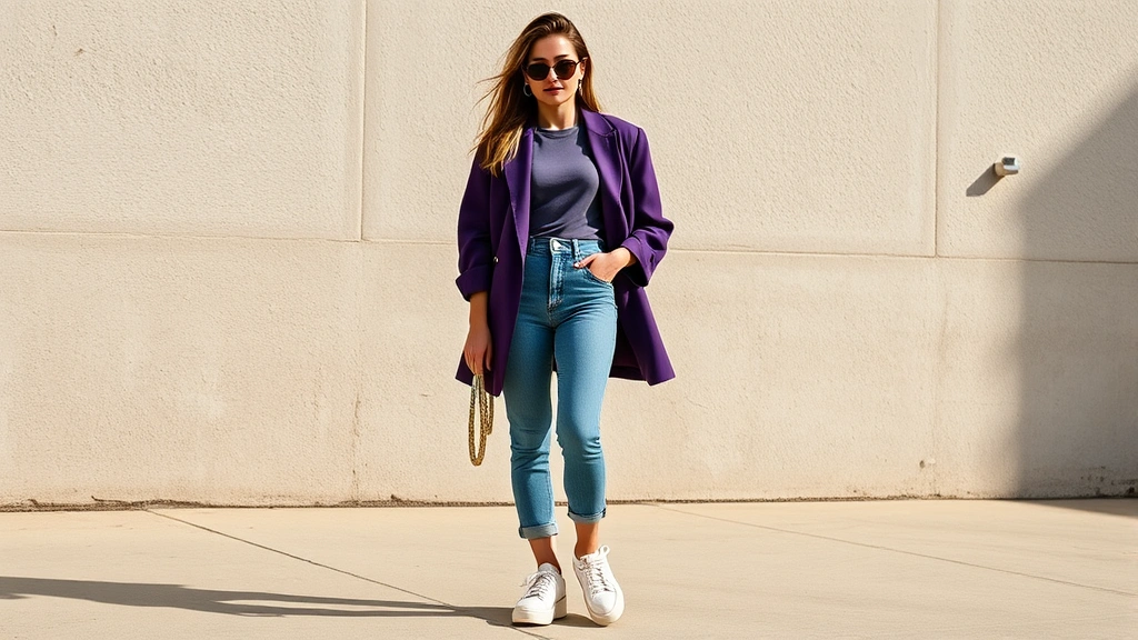 Model wearing contemporary interpretation of 2003 fashion: low-rise jeans, fitted baby tee, oversized blazer in jewel tone, paired with chunky sneakers and vintage-inspired accessories, natural lighting