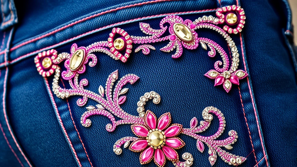 Close-up of embroidered denim back pocket with rhinestones and elaborate stitching patterns, bright pink and silver thread work, designer customization detail, high-quality denim fabric texture visible