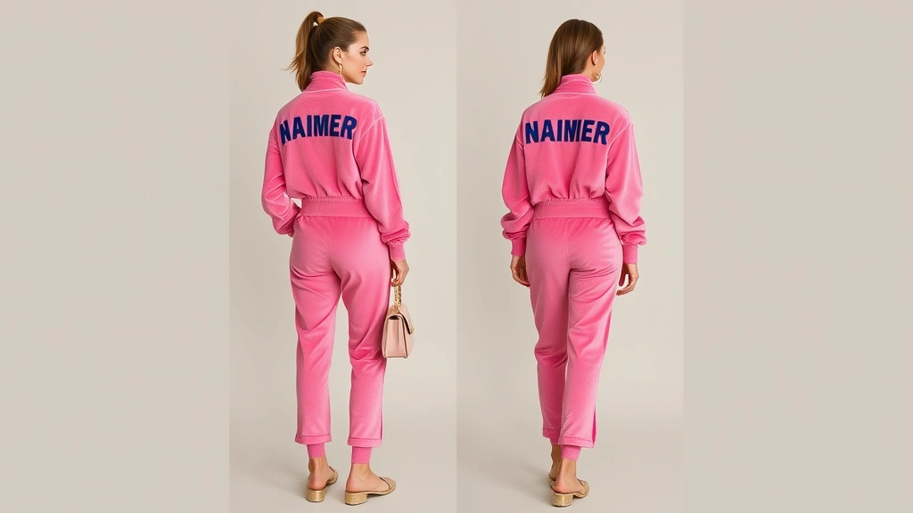 Female model in pink velour tracksuit with brand lettering across back, matching velour jacket and pants, paired with metallic flat shoes and small designer bag, posed against neutral background, luxurious soft texture visible