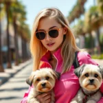 Young woman wearing hot pink Juicy Couture tracksuit with oversized sunglasses and small dog, standing on sunny Los Angeles street with palm trees, perfect makeup and blonde highlights, confident pose, vibrant 2005 aesthetic