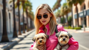 Young woman wearing hot pink Juicy Couture tracksuit with oversized sunglasses and small dog, standing on sunny Los Angeles street with palm trees, perfect makeup and blonde highlights, confident pose, vibrant 2005 aesthetic
