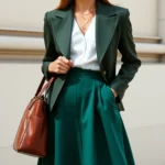 Woman wearing structured blazer with exaggerated shoulders, high-waisted A-line skirt in jewel emerald tone, oversized leather handbag, ballet flats, layered delicate gold necklaces, photographed in natural daylight, editorial fashion style, 2006 aesthetic