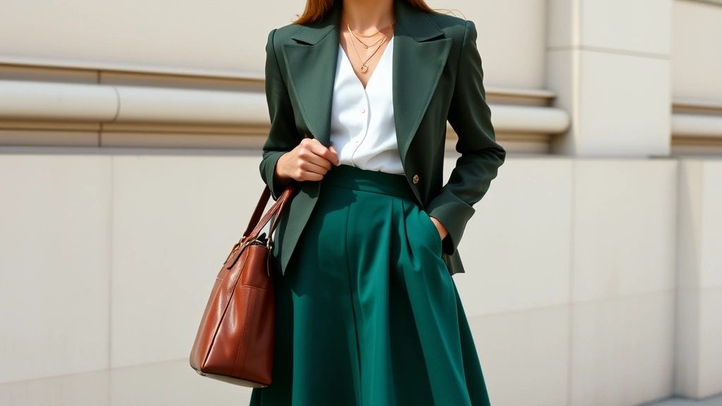 Woman wearing structured blazer with exaggerated shoulders, high-waisted A-line skirt in jewel emerald tone, oversized leather handbag, ballet flats, layered delicate gold necklaces, photographed in natural daylight, editorial fashion style, 2006 aesthetic