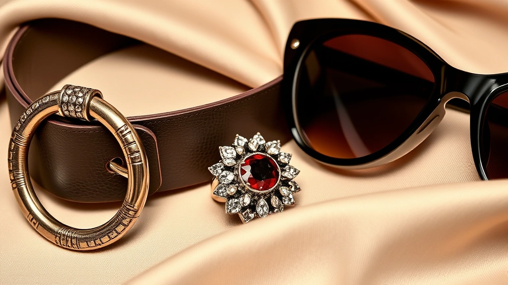 Close-up of 2006 fashion accessories: chunky leather belt, large hoop earrings, cocktail ring with rhinestones, oversized sunglasses with cat-eye frames, arranged artfully with fabric textures, neutral background, luxury fashion photography