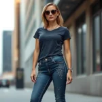 Woman wearing ultra-low-rise bootcut jeans with rhinestone embellishments, baby tee, and oversized sunglasses, standing confidently in urban setting, 2007 aesthetic