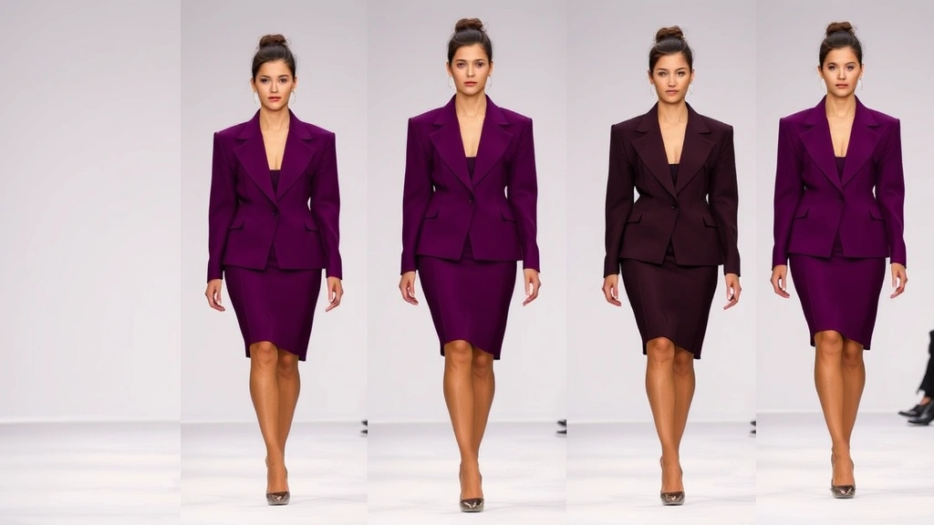 Model wearing structured tailored blazer with exaggerated shoulders in jewel tone color, paired with pencil skirt and metallic heels, runway presentation style