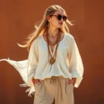 Boho-chic inspired fashion photoshoot featuring flowing linen peasant blouse, layered gold necklaces, wide-leg trousers, and oversized sunglasses against warm terracotta backdrop, natural lighting emphasizing earthy tones and bohemian aesthetic