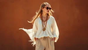 Boho-chic inspired fashion photoshoot featuring flowing linen peasant blouse, layered gold necklaces, wide-leg trousers, and oversized sunglasses against warm terracotta backdrop, natural lighting emphasizing earthy tones and bohemian aesthetic