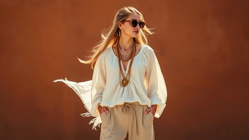 Boho-chic inspired fashion photoshoot featuring flowing linen peasant blouse, layered gold necklaces, wide-leg trousers, and oversized sunglasses against warm terracotta backdrop, natural lighting emphasizing earthy tones and bohemian aesthetic
