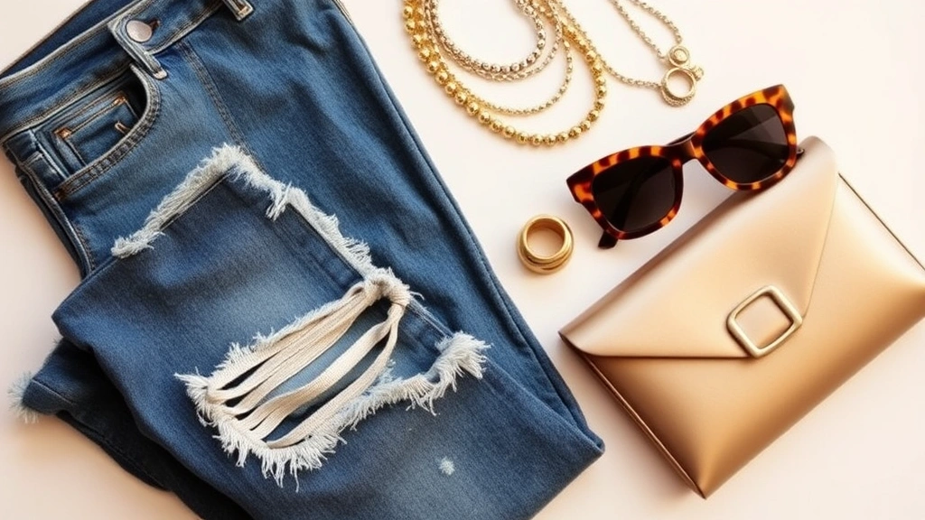 Fashion styling flat lay featuring raw-edge distressed denim jeans, oversized tortoiseshell sunglasses, chunky gold statement ring, metallic clutch, and layered necklaces demonstrating 2007's maximalist accessory trend and denim revolution aesthetics