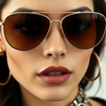 Close-up of woman wearing oversized aviator sunglasses with metallic frames, thick black eyeliner, and layered statement necklaces, shot against minimalist background