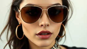 Close-up of woman wearing oversized aviator sunglasses with metallic frames, thick black eyeliner, and layered statement necklaces, shot against minimalist background
