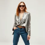 High-fashion model wearing modern interpretation of 2008 style: oversized metallic blazer, low-rise tailored jeans, chunky belt, and contemporary accessories, posed confidently in minimalist studio setting with soft lighting