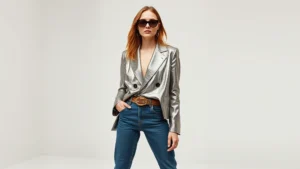 High-fashion model wearing modern interpretation of 2008 style: oversized metallic blazer, low-rise tailored jeans, chunky belt, and contemporary accessories, posed confidently in minimalist studio setting with soft lighting