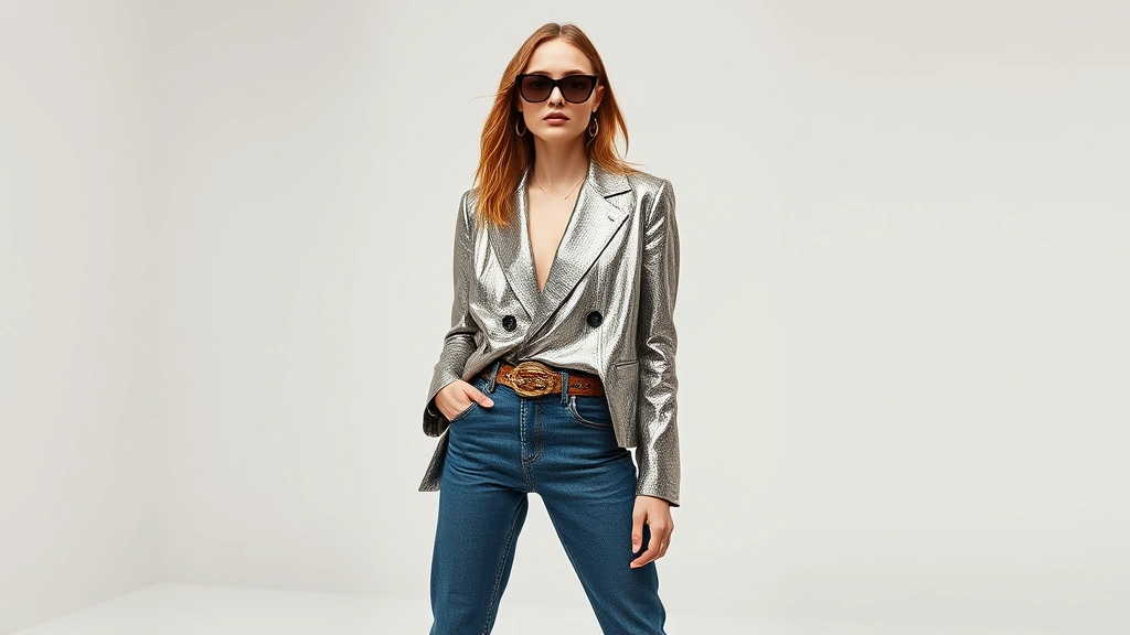 High-fashion model wearing modern interpretation of 2008 style: oversized metallic blazer, low-rise tailored jeans, chunky belt, and contemporary accessories, posed confidently in minimalist studio setting with soft lighting