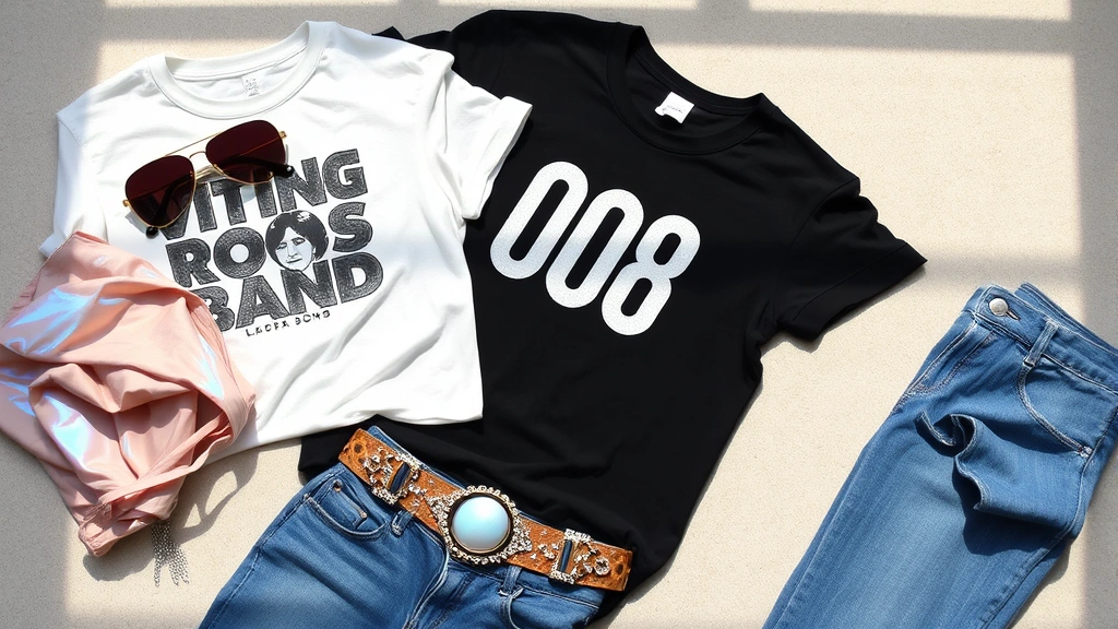 Flat lay arrangement of 2008 fashion revival pieces: vintage graphic band tee, oversized aviator sunglasses, chunky decorative belt, holographic fabric sample, and modern low-rise denim on neutral background with natural lighting