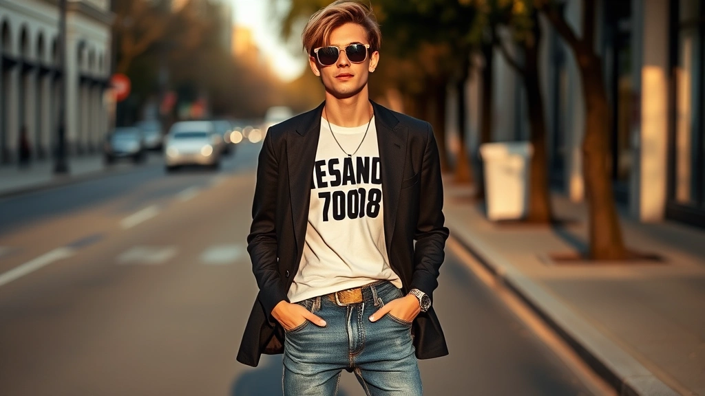 Street style photograph of young fashionable person wearing blended 2008-contemporary outfit: graphic tee layered with modern blazer, low-rise jeans with contemporary sneakers, oversized sunglasses, posed naturally on urban street with soft golden hour lighting