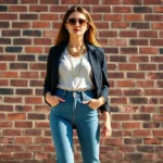 Young woman wearing high-waisted skinny jeans, pointed-toe flats, chunky gold necklaces, and oversized vintage sunglasses, standing against urban brick wall, natural daylight, fashion-forward confident pose