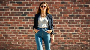 Young woman wearing high-waisted skinny jeans, pointed-toe flats, chunky gold necklaces, and oversized vintage sunglasses, standing against urban brick wall, natural daylight, fashion-forward confident pose