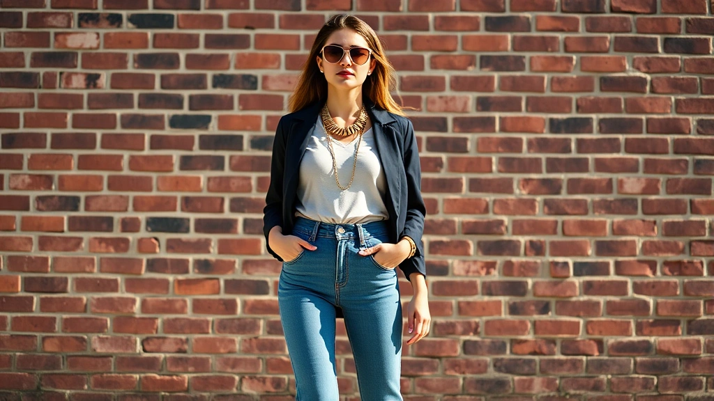 Young woman wearing high-waisted skinny jeans, pointed-toe flats, chunky gold necklaces, and oversized vintage sunglasses, standing against urban brick wall, natural daylight, fashion-forward confident pose