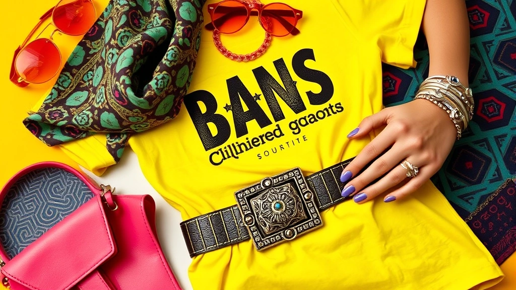 Colorful 2009 fashion flat lay featuring neon accessories, vintage band graphic tee, patterned scarf, ornate belt with large buckle, stacked rings, geometric patterned fabric swatches, bright jewel tones