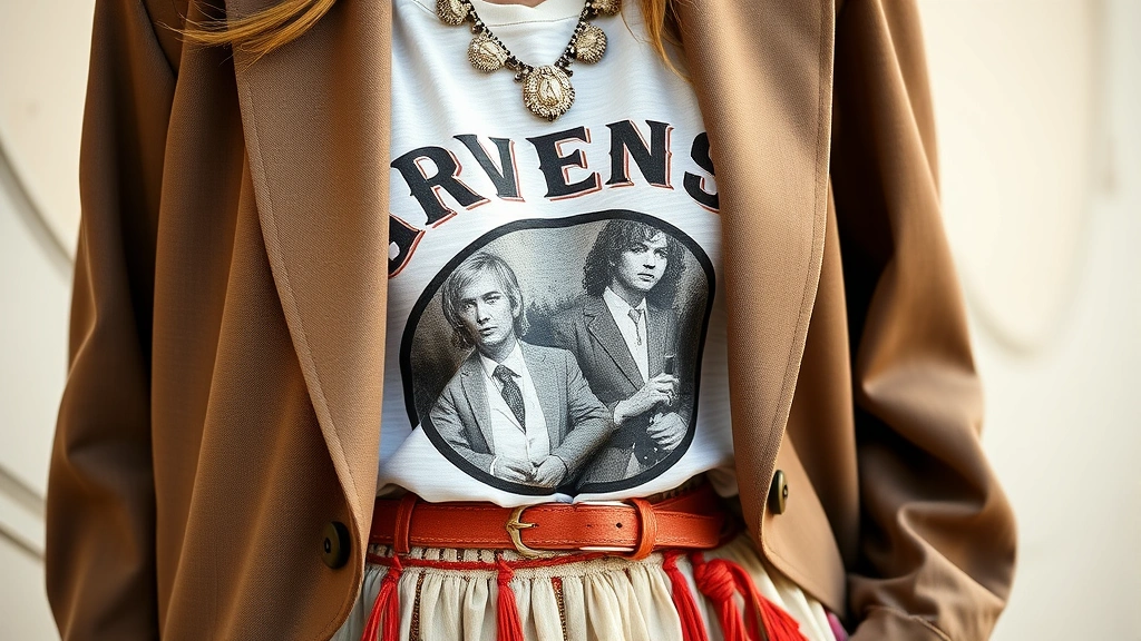 Close-up of a styled fashion look featuring vintage band tee layered under oversized blazer, paired with maxi skirt and statement jewelry, photographed with soft natural light emphasizing texture and color