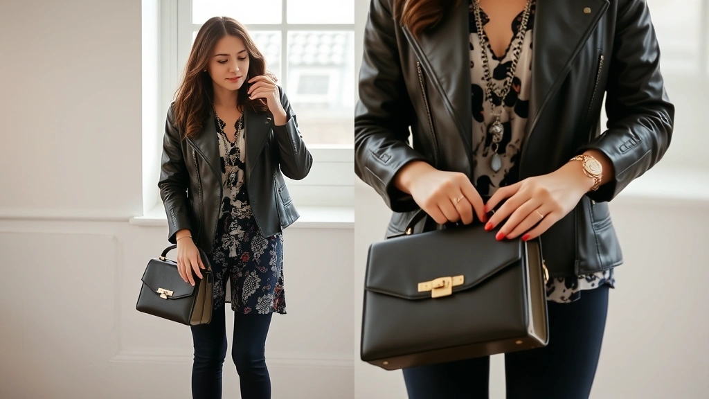 Fashion blogger photographing outfit of vintage leather jacket, patterned mixed prints, platform ankle boots, layered jewelry, holding structured designer handbag, natural window lighting, editorial style