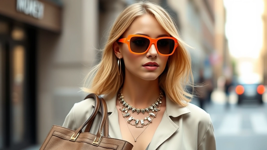 Street style photograph of a person wearing neon accessories with neutral base outfit, holding a structured handbag, wearing dramatic sunglasses and layered delicate jewelry, capturing 2009 fashion sensibility