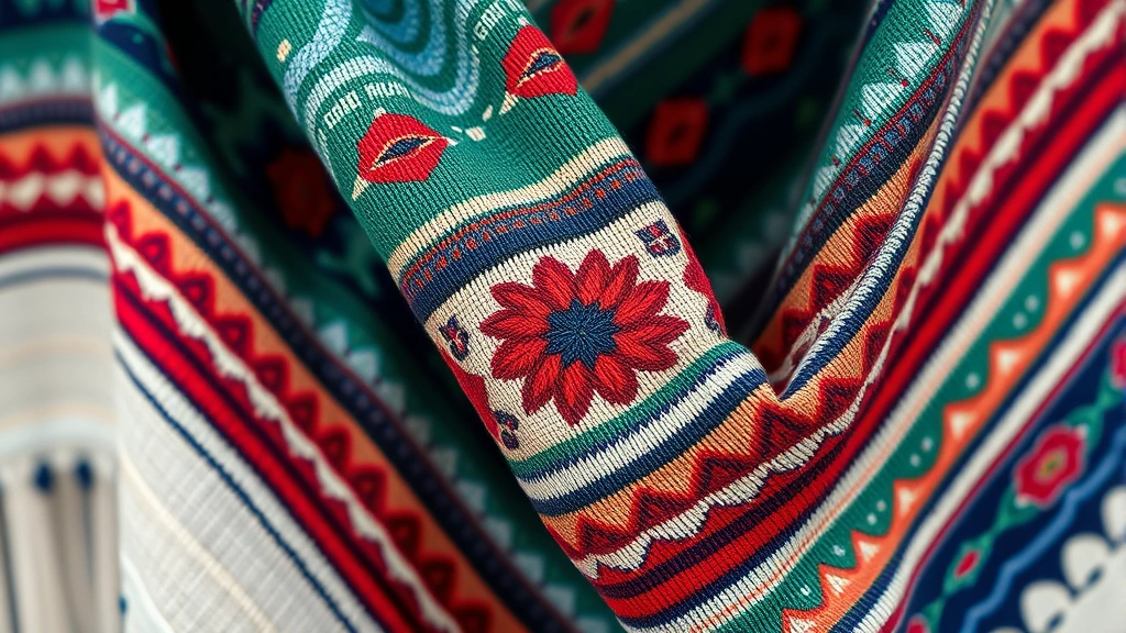 Close-up detail shot of intricately embroidered Mexican textile featuring geometric pre-Columbian patterns in jewel tones: emerald, sapphire, ruby red, displayed as draped rebozo with natural fabric texture visible