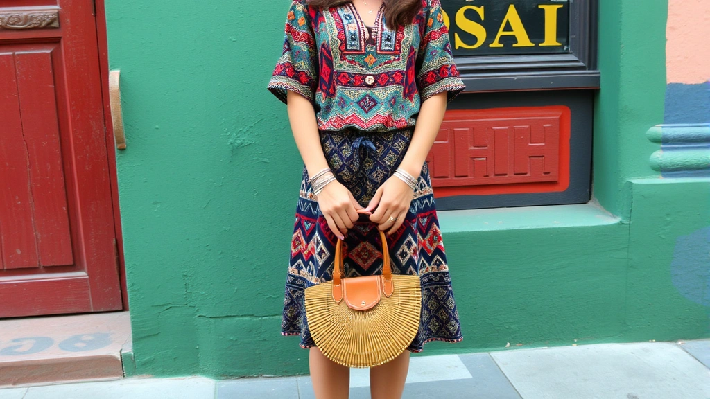Young person styled in 2009 Mexican street fashion wearing patterned vintage top mixed with geometric skirt, stacked silver bracelets, huarache sandals, holding woven leather handbag, standing against colorful building facade, authentic candid moment