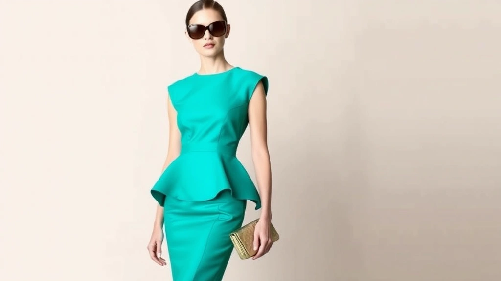 Fashion model wearing vibrant teal peplum dress with structured tailoring, standing confidently with oversized sunglasses and metallic gold handbag, against neutral backdrop showing 2010 haute couture style