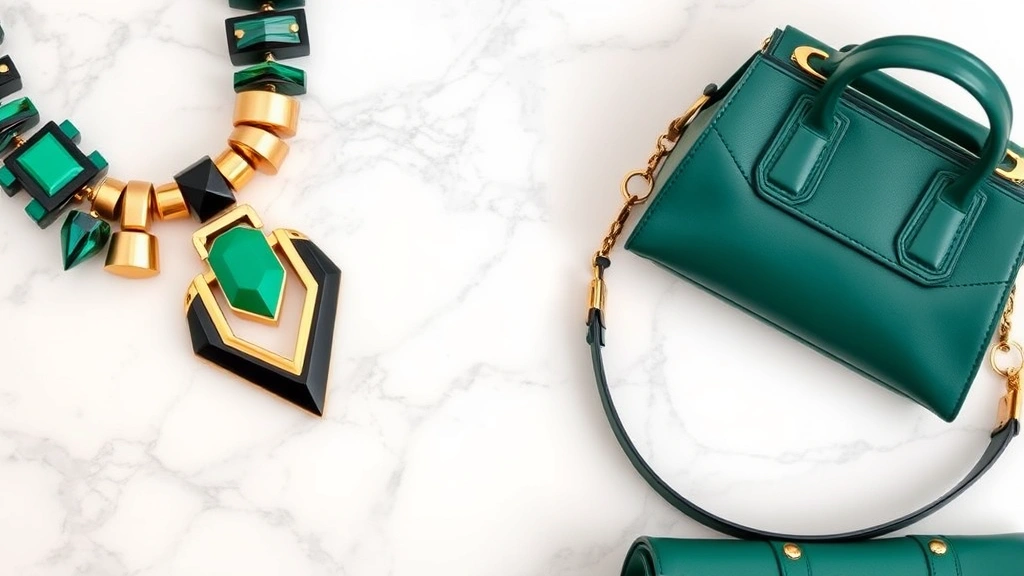 Close-up of luxurious fashion accessories: chunky statement necklace with geometric pendant, wide cinching belt with gold hardware, and structured designer handbag in jewel-tone emerald, displayed on marble surface
